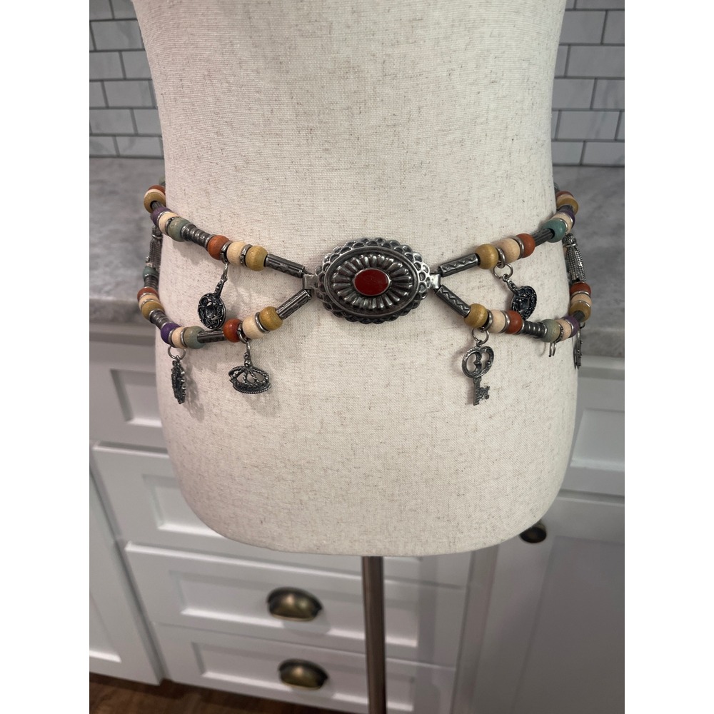 Bikini Chain Belt Womens 28 Silver Wood Bead Charm Boho Medallion Stone